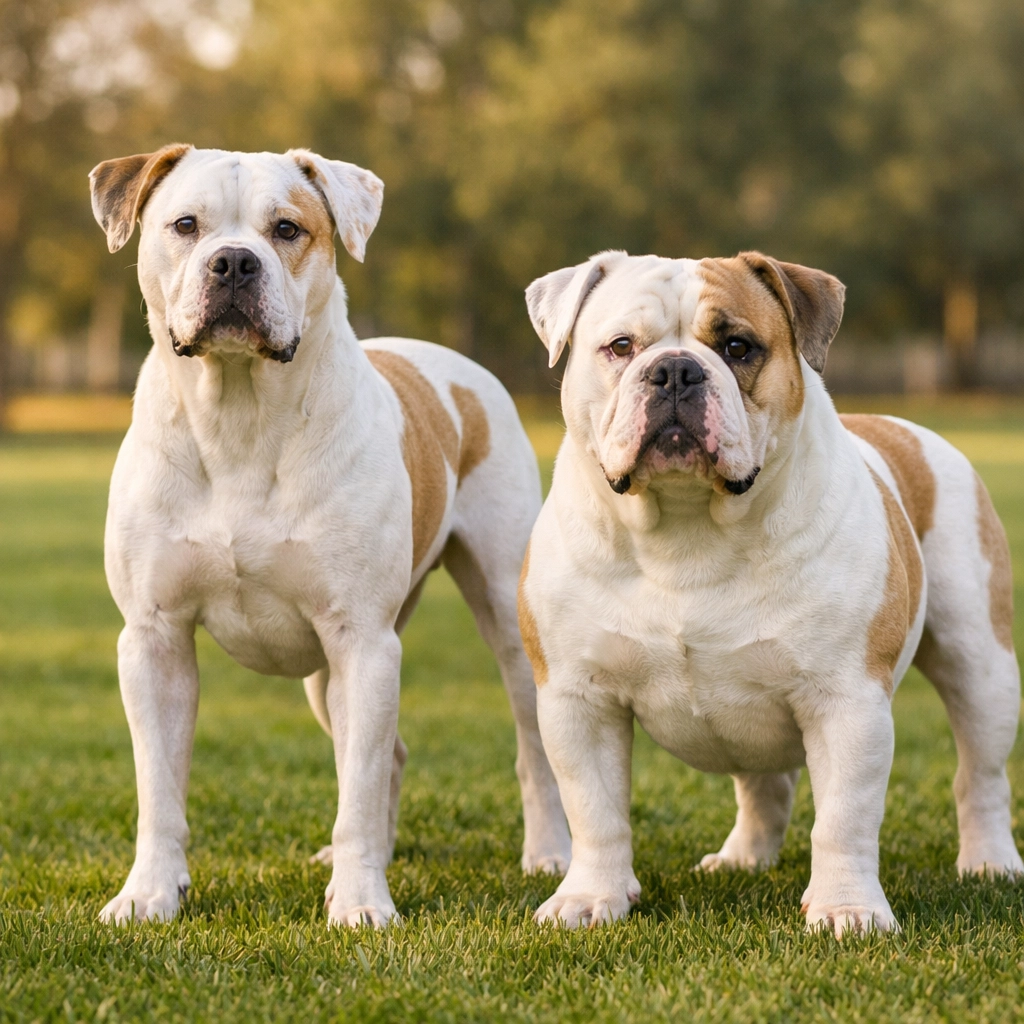 Comparaison entre le Bouledogue américain type Standard athlétique et le type Bully massif sur l'herbe.