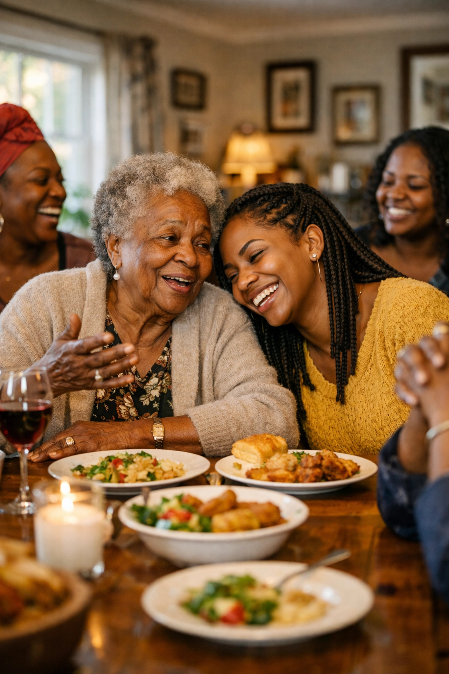 Black women sharing a meal in Burlington County, representing strong community bonds and local support.