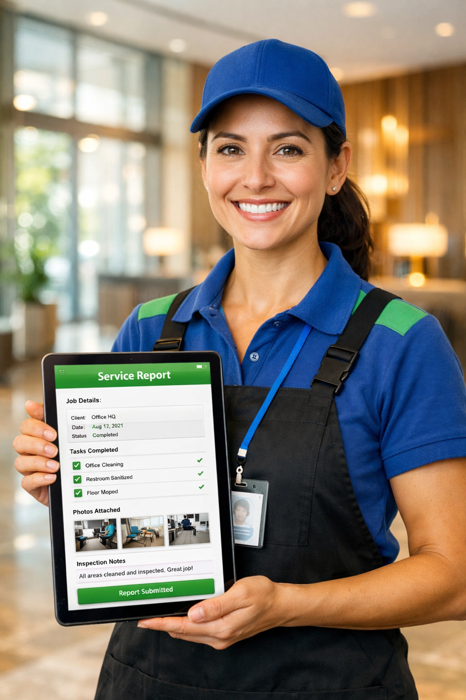 Cleaning business owner reviewing a digital service report on a tablet in a modern office setting.