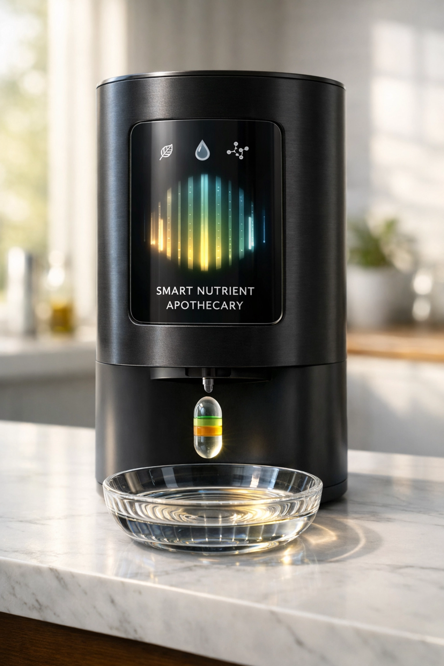 Automated smart nutrient dispenser creating a personalized vitamin capsule on a modern kitchen counter.