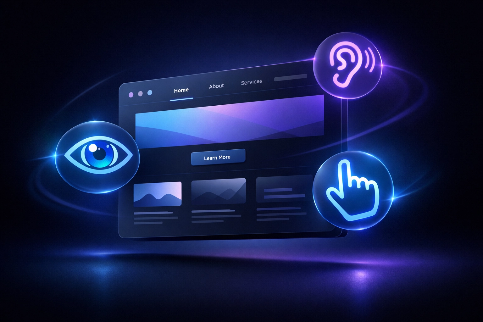 Website accessibility icons including eye, ear and cursor representing inclusive web design