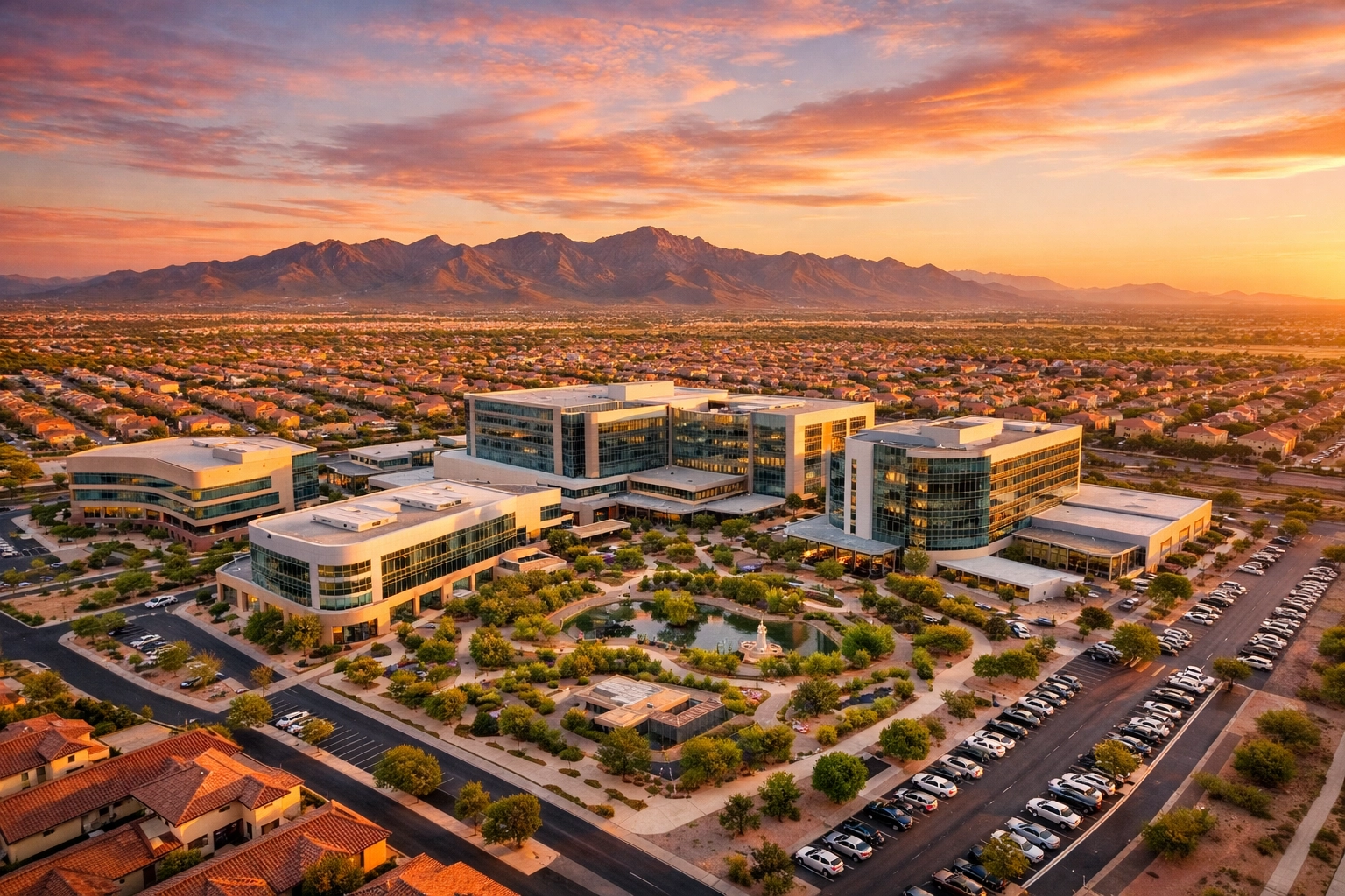 Aerial view of new medical campus surrounded by residential neighborhoods in Buckeye and Goodyear Arizona