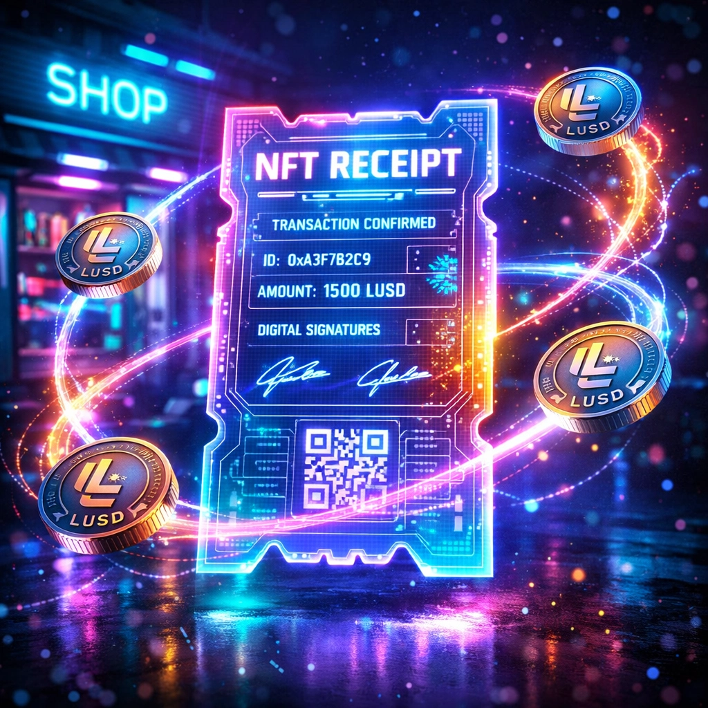 NFT receipt and LUSD stablecoin tokens powering Web3 merchant payment system