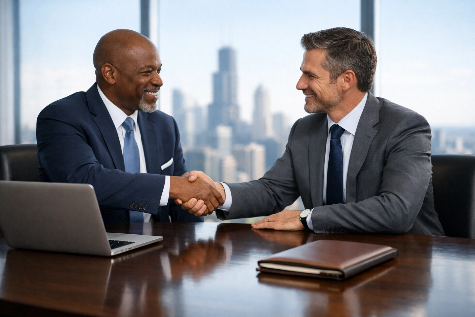 Executives shaking hands in a boardroom to symbolize strategic partnerships in global media consulting.