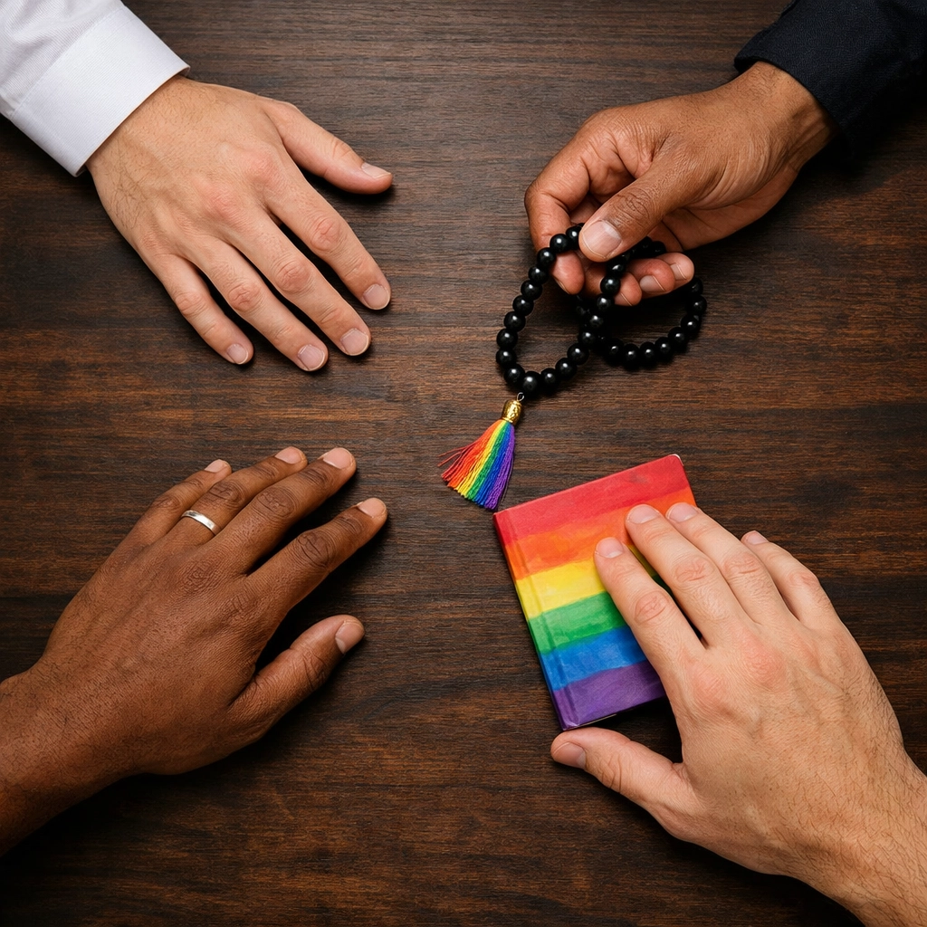 Diverse hands reaching toward rainbow prayer beads and gay fiction books at a communal table.