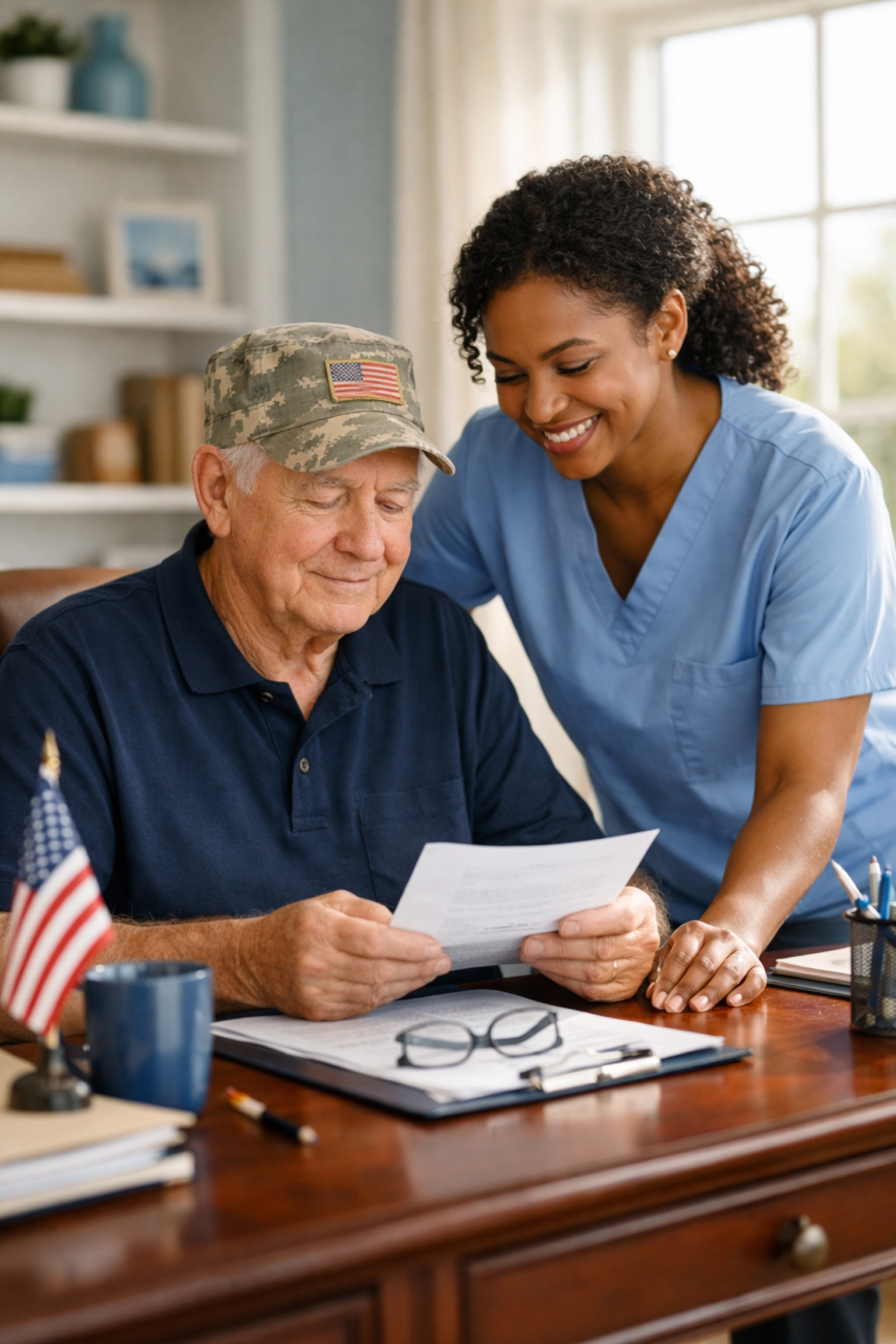 Senior veteran and caregiver reviewing VA Aid and Attendance documents in a Prince William home office.