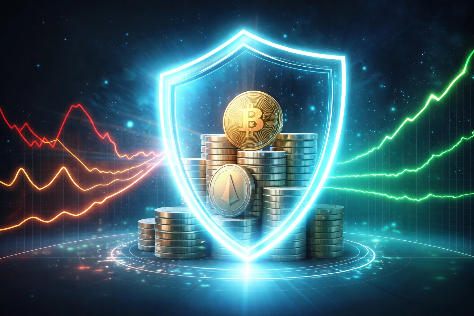 Digital shield protecting cryptocurrency coins, symbolizing Larecoin's stablecoin volatility protection for secure crypto payments.