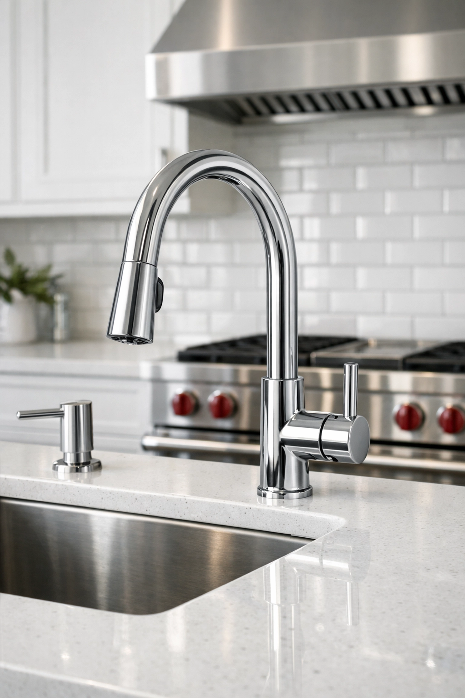 Deep cleaned modern kitchen with polished faucet and quartz countertops in a Chicago rental unit.