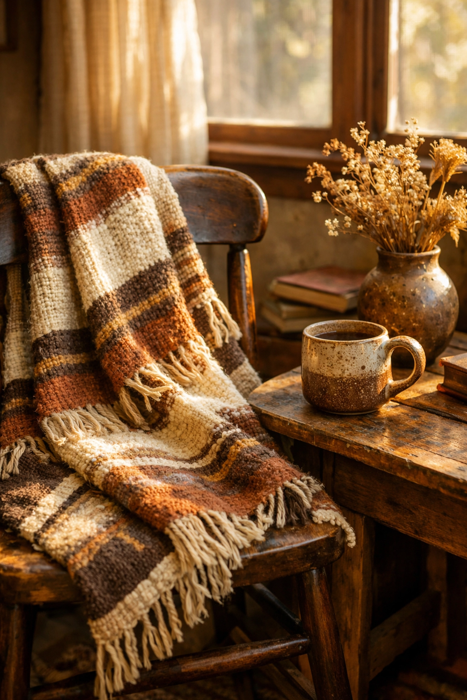 Cozy living room corner with handwoven throw and handmade ceramic mug creating meaningful home decor