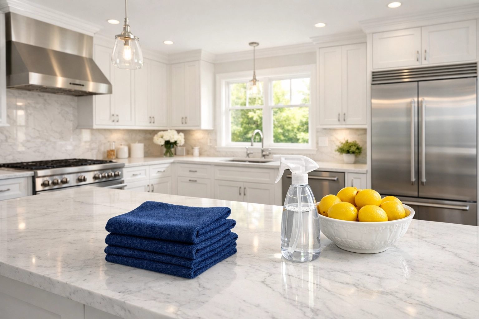 Professional move-in cleaning of a modern Wellesley kitchen with white cabinets and marble counters.