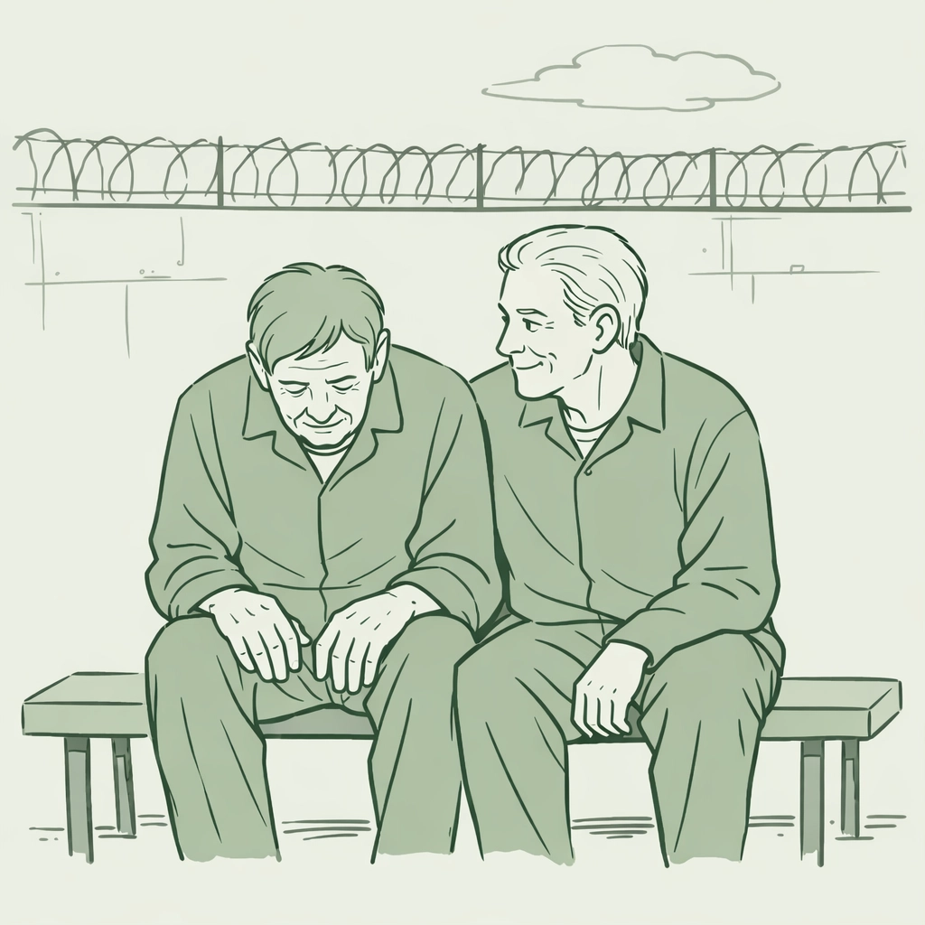 Two elderly gay men on prison bench after 45 years together showing enduring love