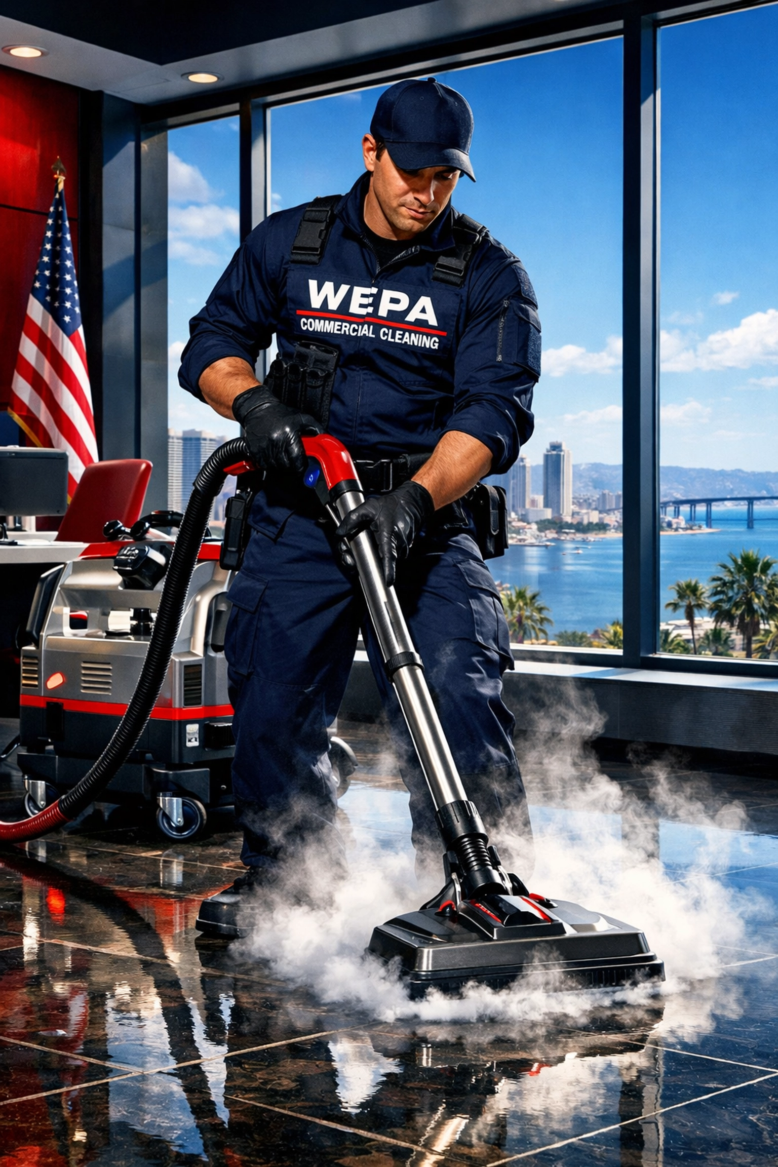 Wepa Commercial Cleaning specialist using eco-friendly steam equipment in a professional San Diego office.