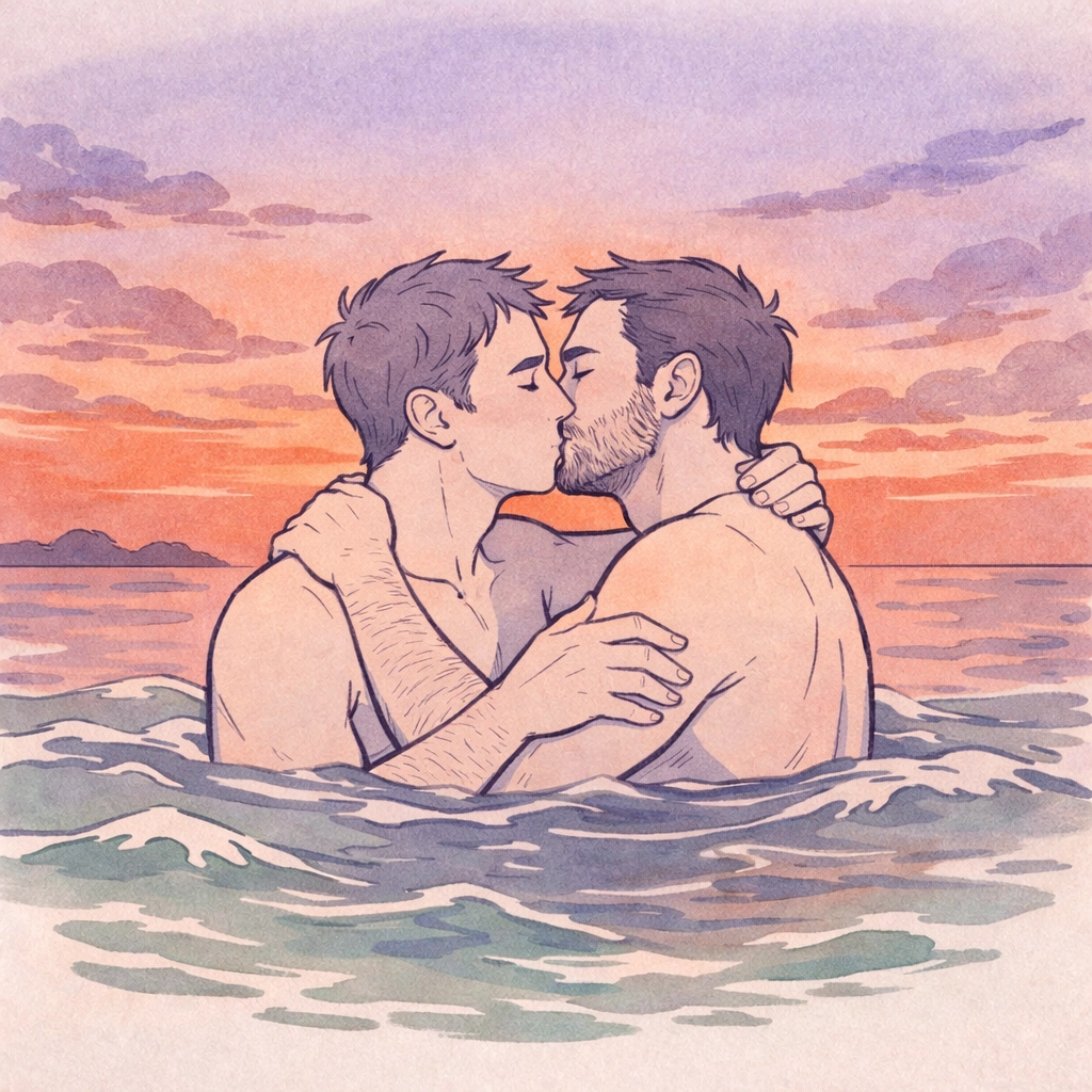Two men kissing in ocean at dusk - celebrating vulnerability and authentic love in MM romance