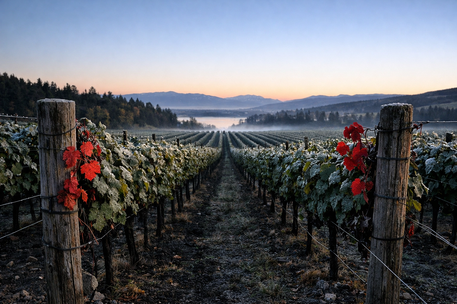 Rows of grapevines in a Canadian vineyard at dawn, symbolizing the wine trade between Ontario and Nova Scotia.