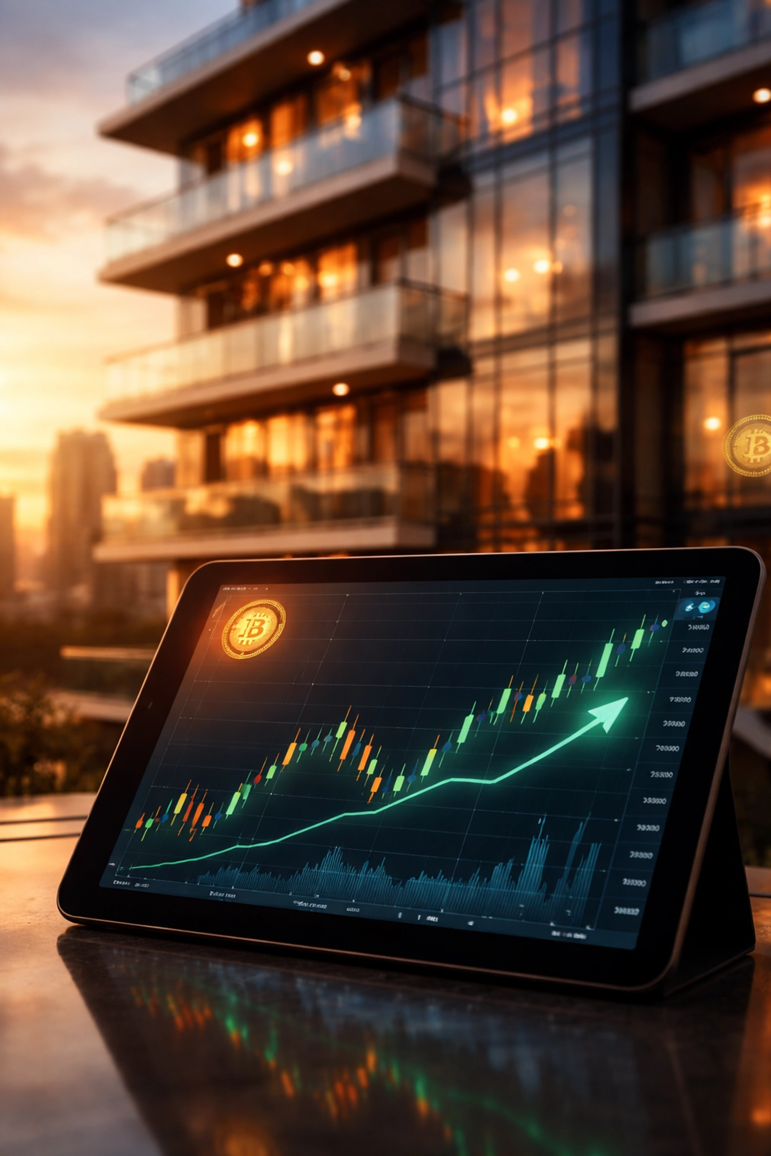 Luxury apartment building with a tablet showing rising Bitcoin trends, blending real estate with cryptocurrency investing.