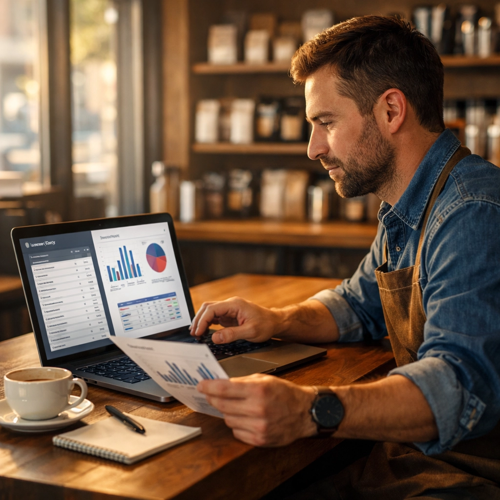 Coffee shop owner reviewing inventory and sales reports using POS management software