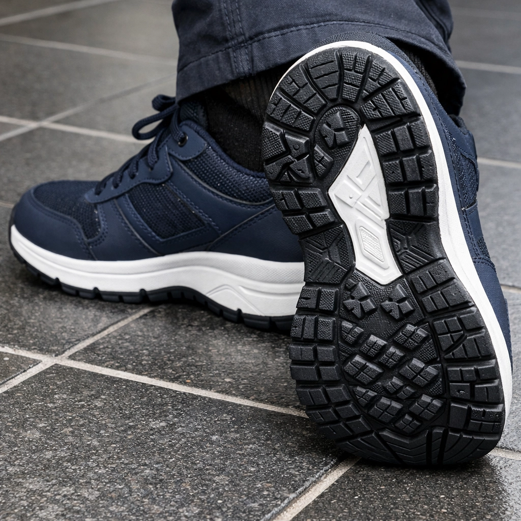 Close-up of supportive non-slip shoes for seniors on a slip-resistant tile floor.