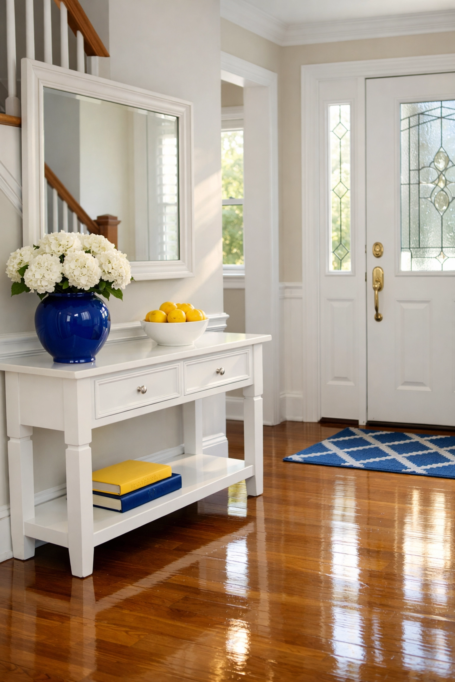 Spotless hardwood floors in a sunlit Pepperell entryway, maintained by reliable weekly house cleaning Pepperell MA.