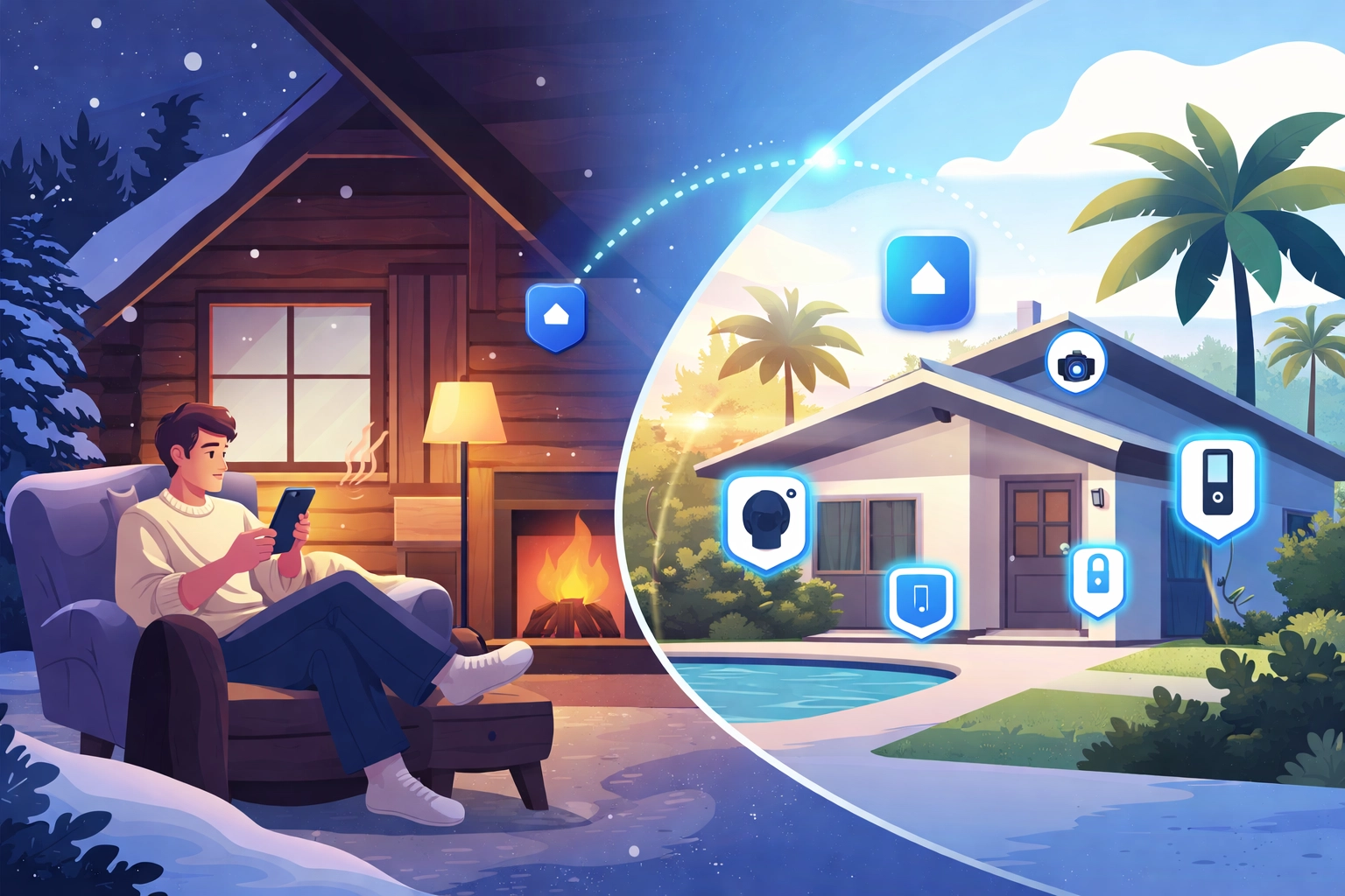 Remote monitoring concept showing a relaxed snowbird checking on a secure Nokomis home from up north.