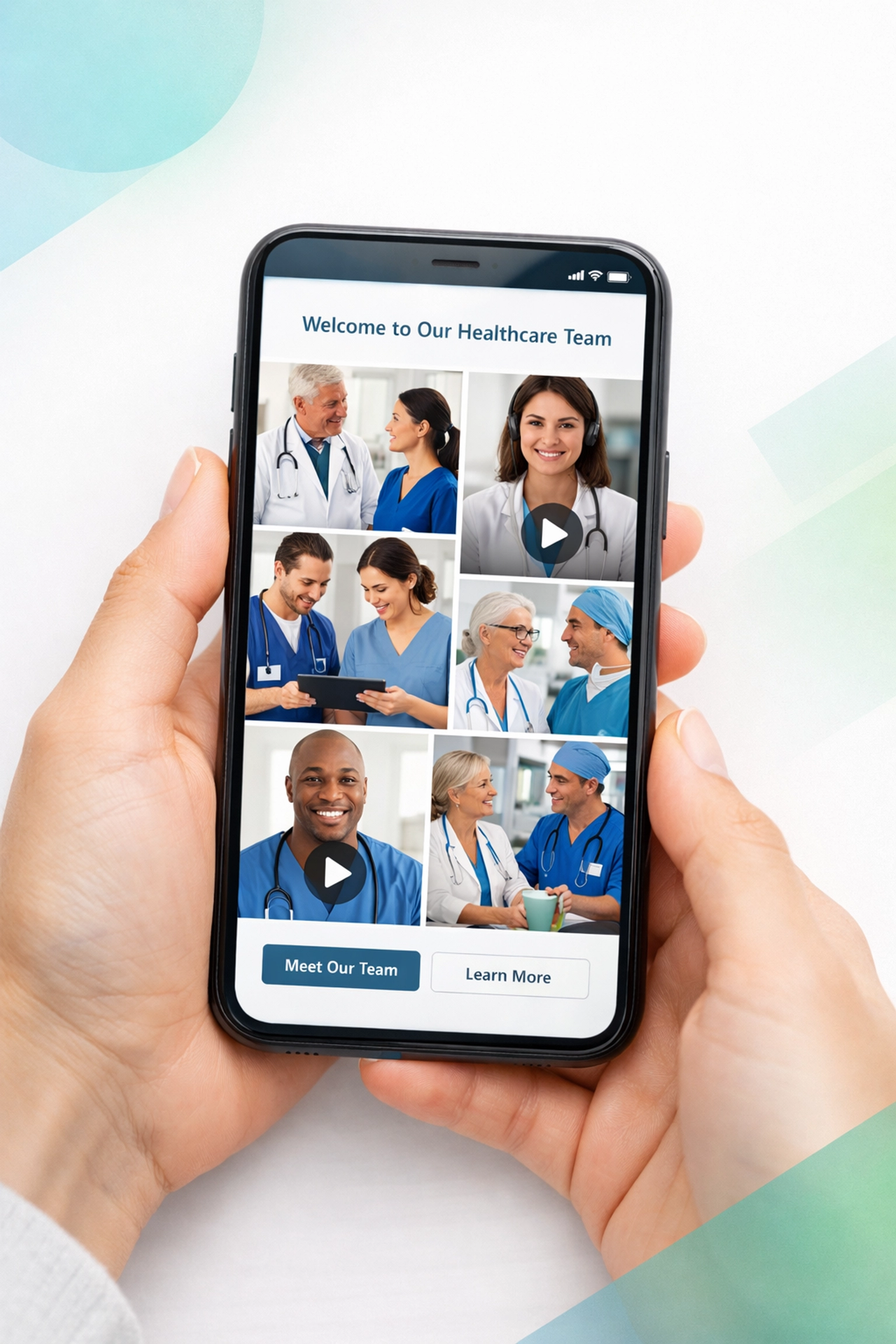 Healthcare facility website displaying authentic medical team member photos on mobile device