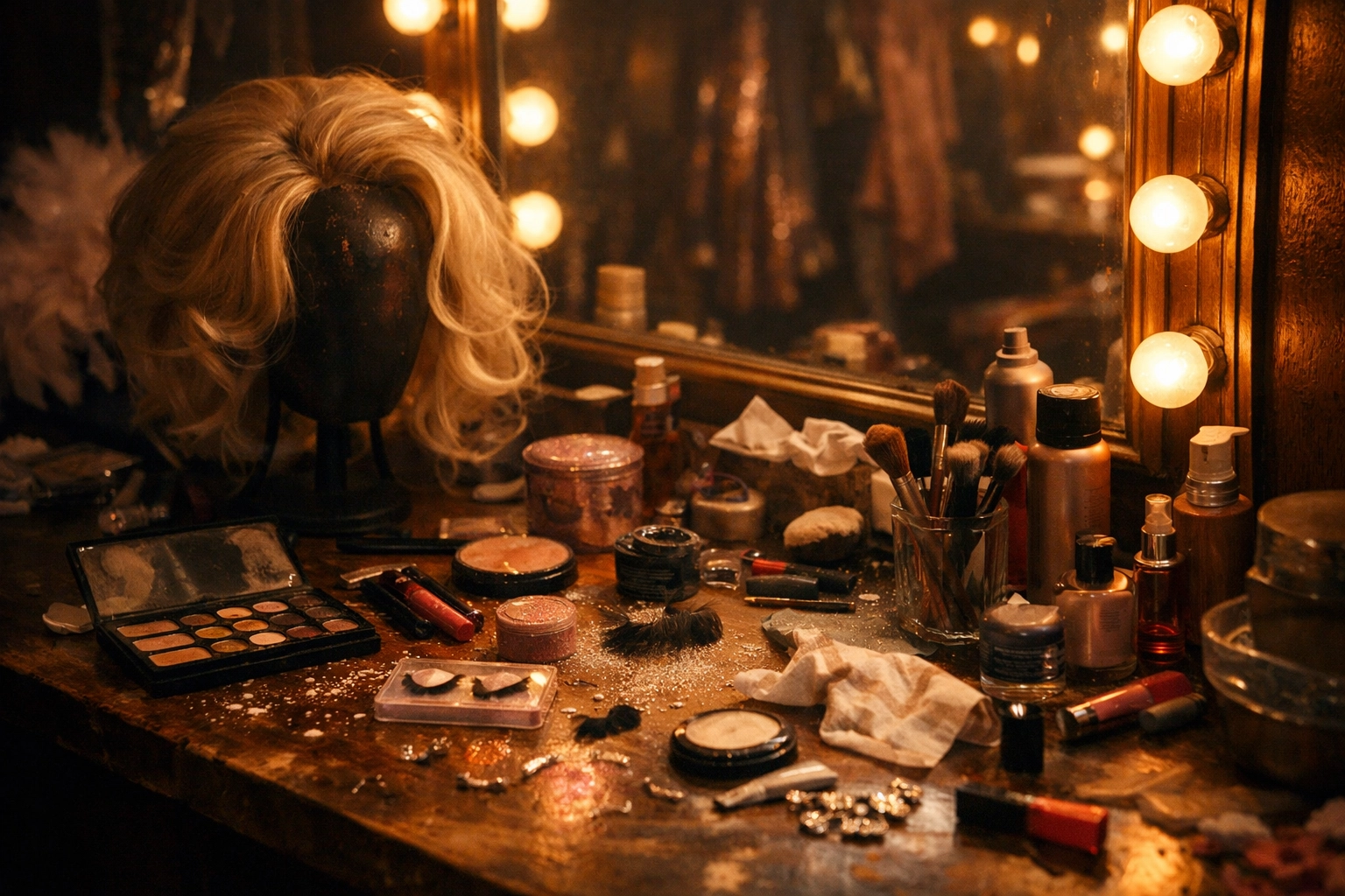 Drag queen dressing room backstage with makeup and wigs after performance