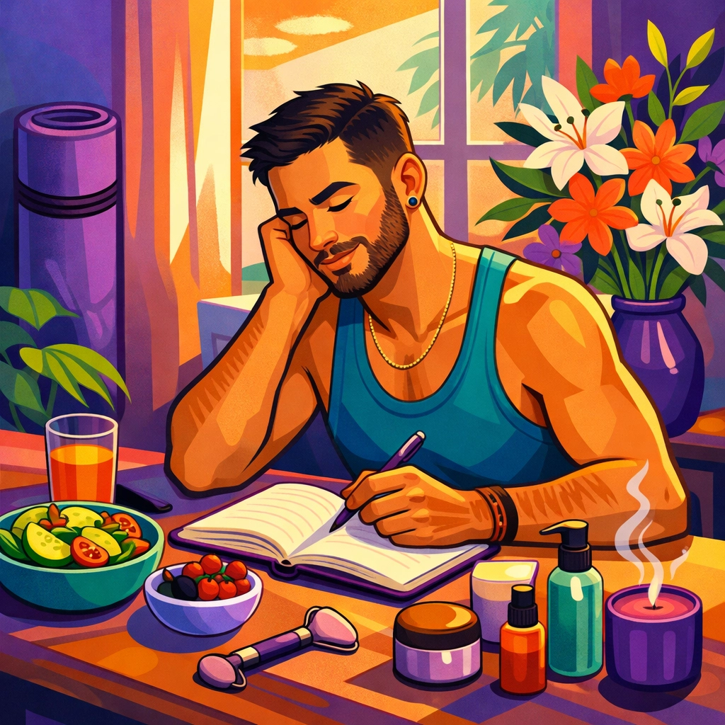 Gay man practicing self-care through journaling and wellness rituals while embracing single life