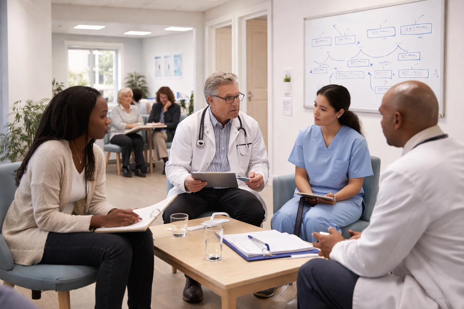 Diverse patients in an NHS respiratory clinic reflecting integrated care pathways in the UK