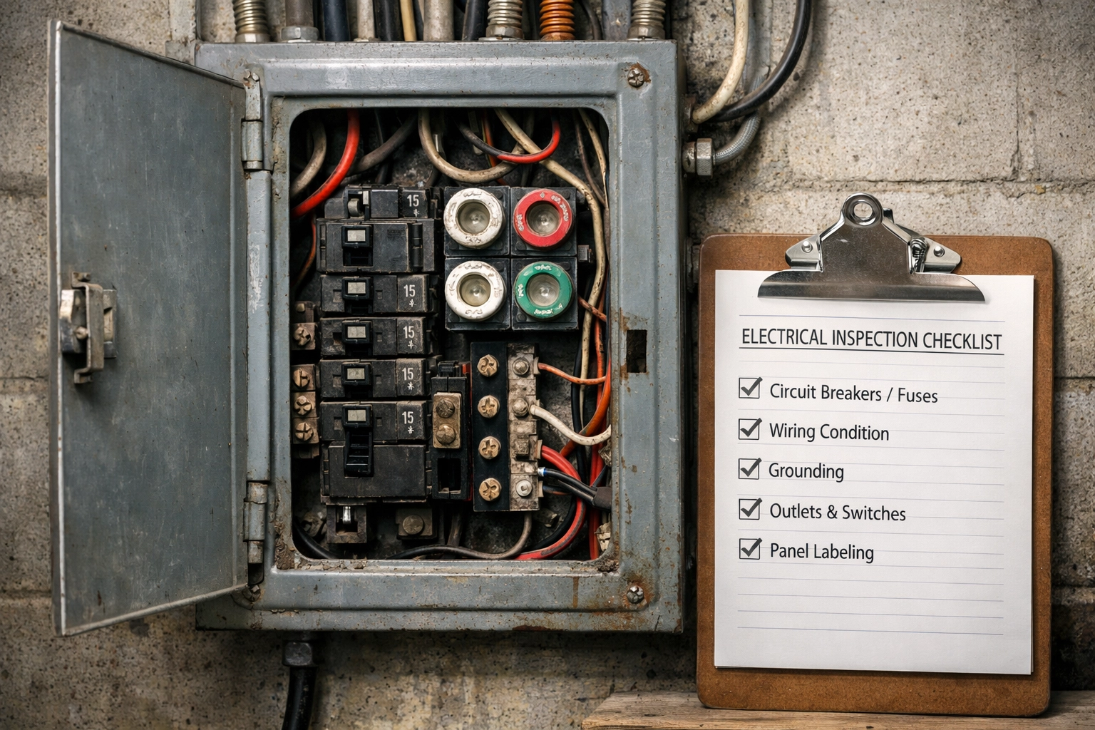 Outdated electrical panel inspection showing circuit breakers that may affect home insurance costs