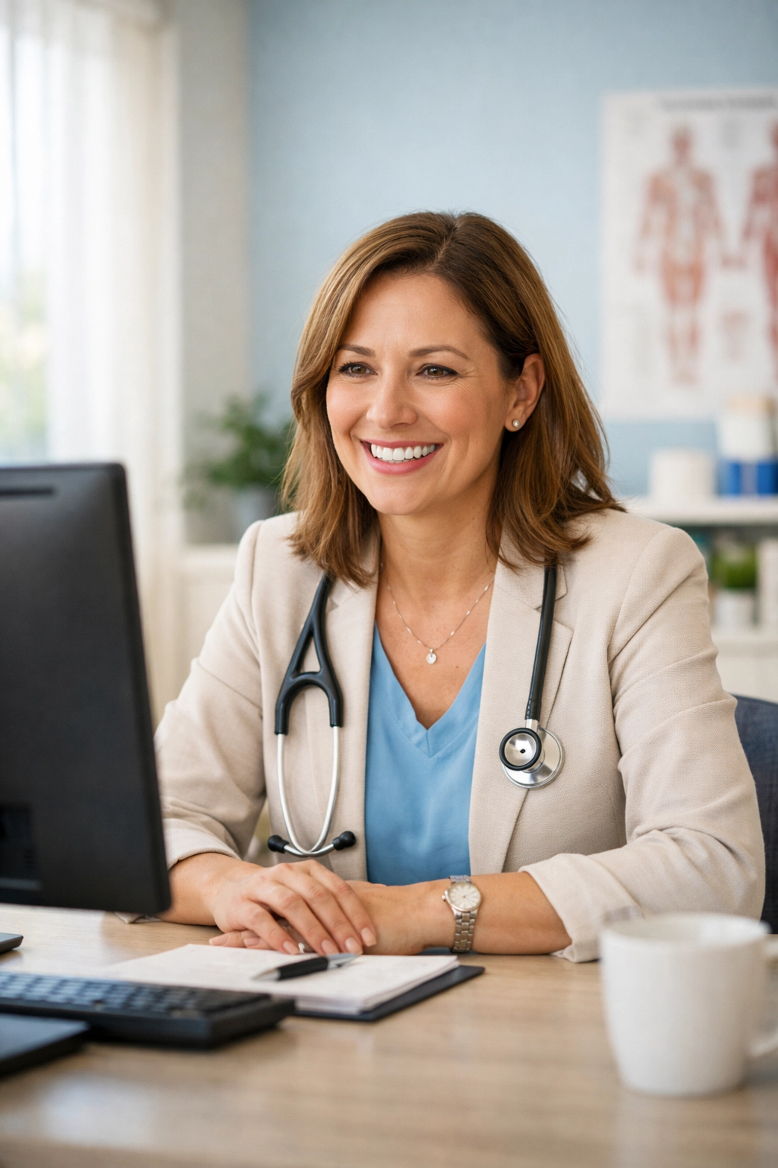 Licensed healthcare provider conducting virtual weight loss consultation via telemedicine