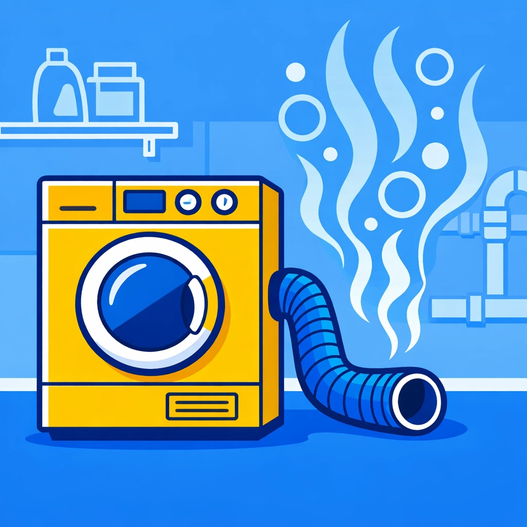 Illustration of a disconnected dryer vent releasing steam, increasing basement humidity and mold risk.