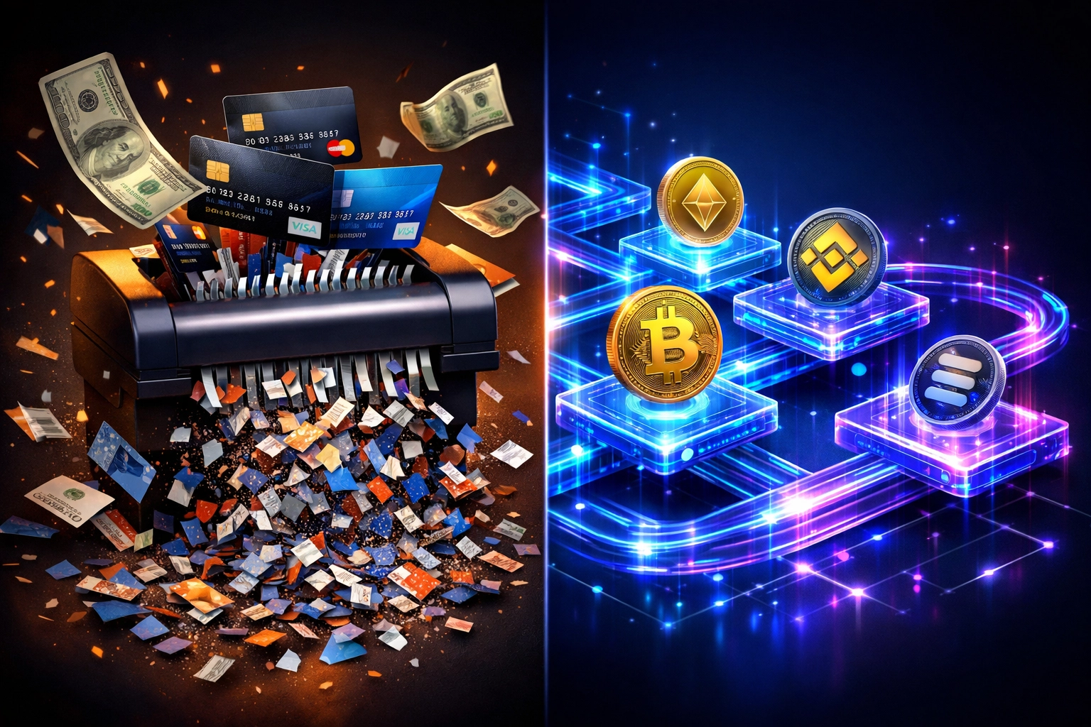 Traditional credit cards versus blockchain payment networks showing cost reduction through Web3 technology