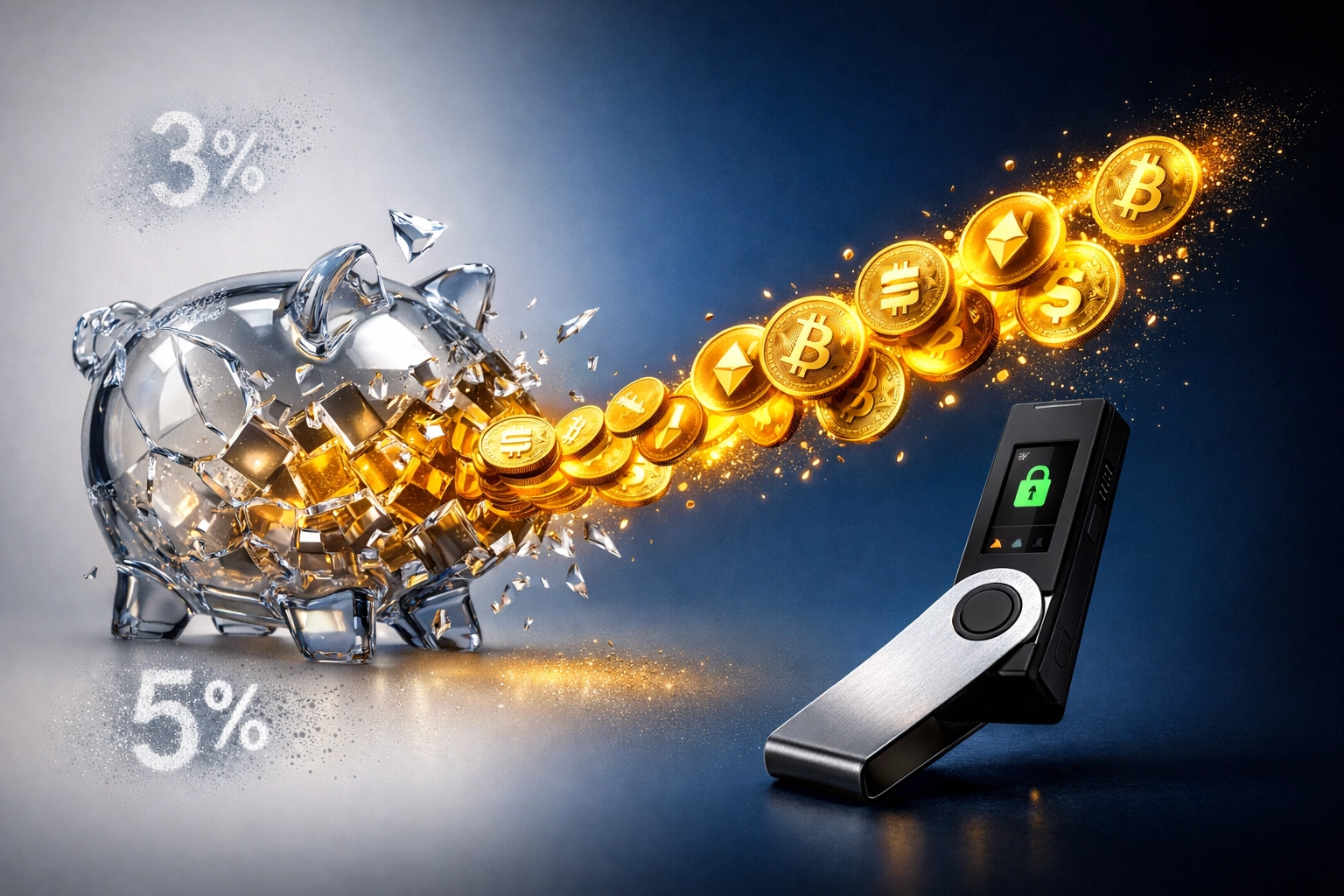 Cryptocurrency coins flowing from piggy bank to wallet eliminating merchant processing fees