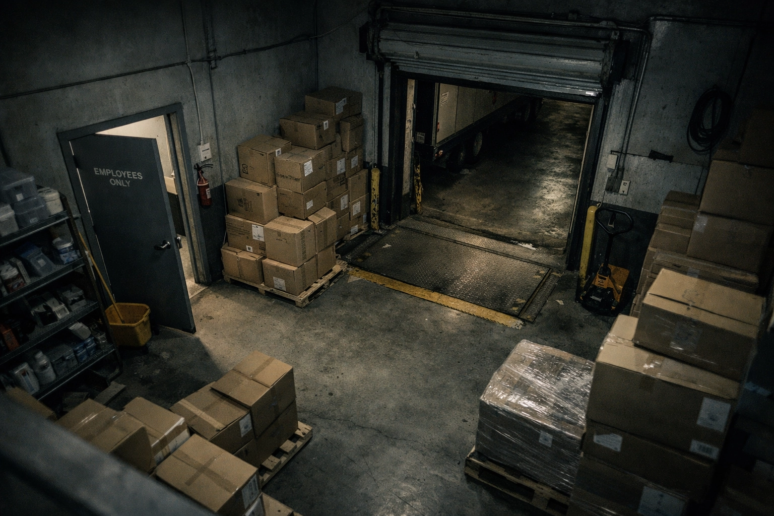 Retail back room and loading dock showing security blind spots and vulnerable areas