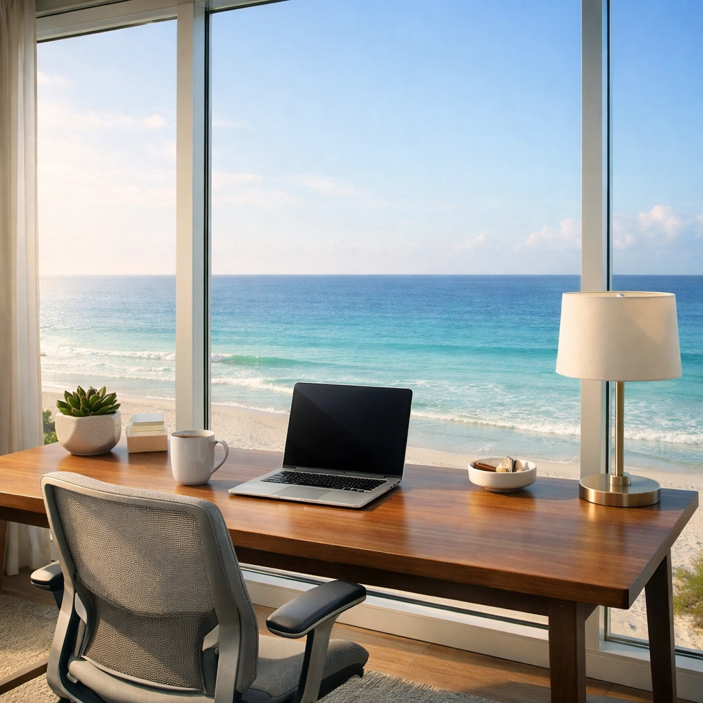 Remote work setup with ocean views in Bolivar Peninsula beachfront vacation rental