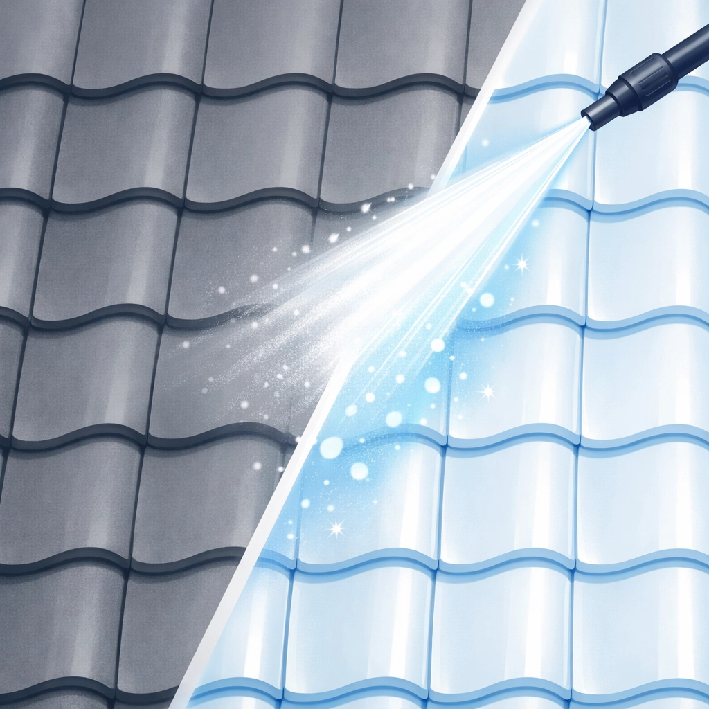 High-pressure roof cleaning restoring old tiles during a professional Sydney roofing service