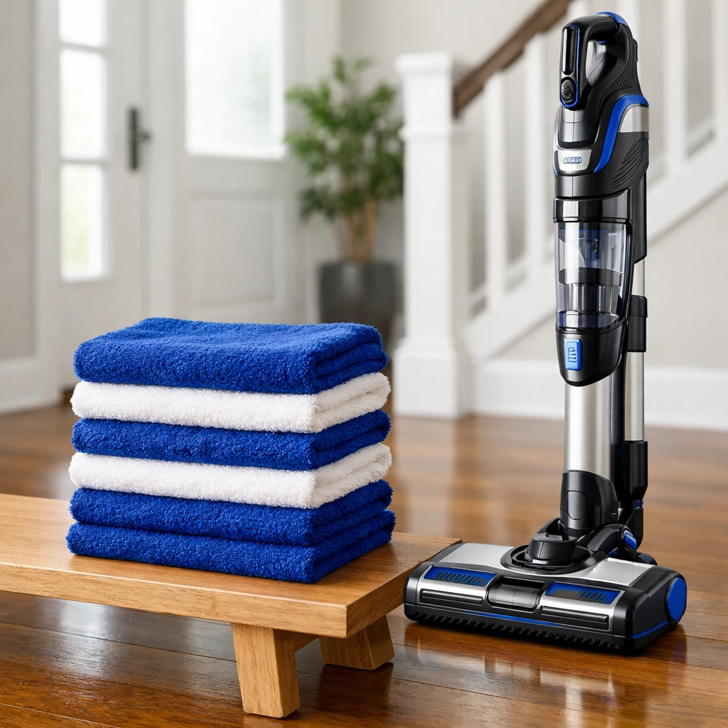 Clean microfiber cloths and a professional vacuum for high-quality house cleaning Ashby MA services.