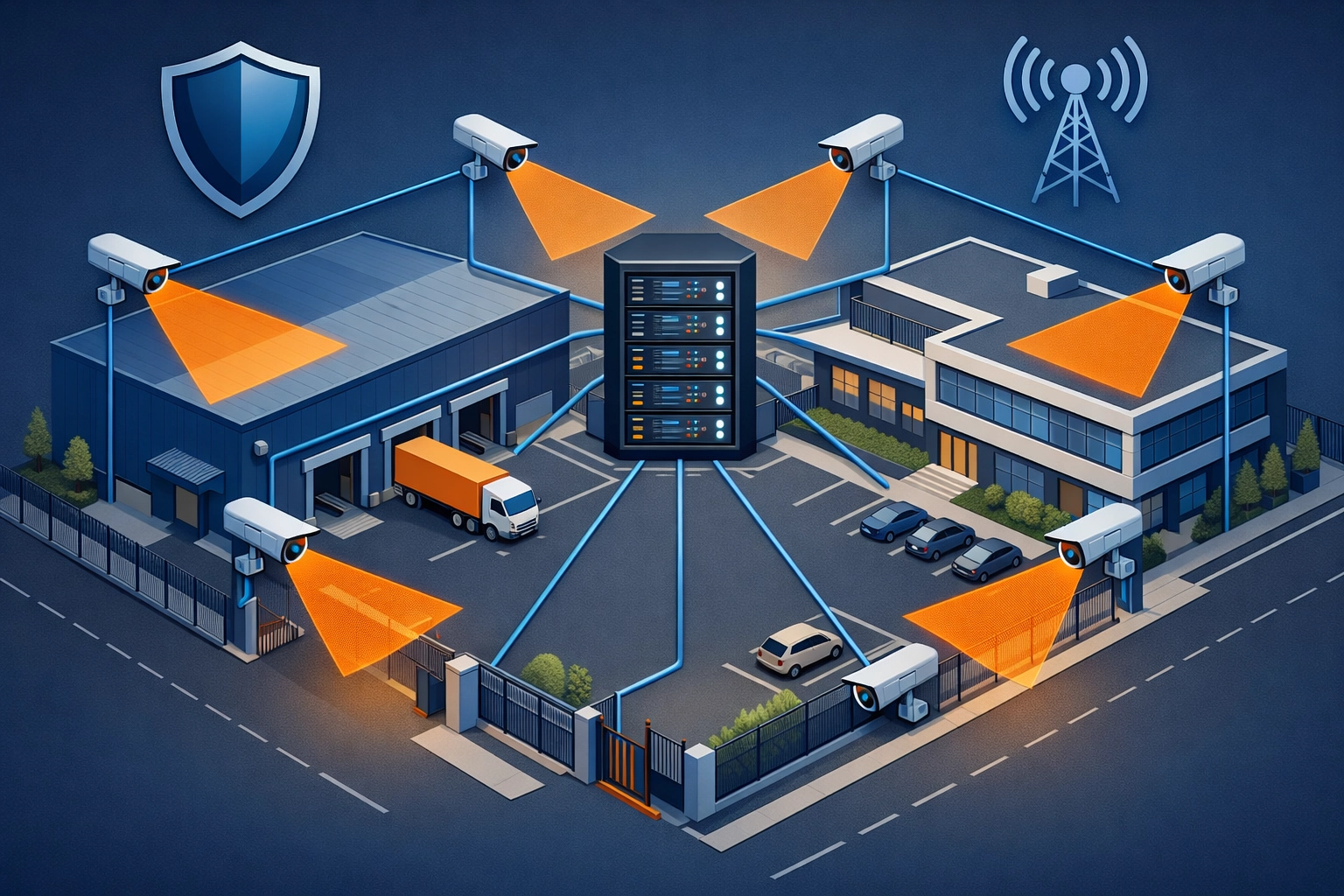 Commercial PoE CCTV layout for businesses in Farnborough, showcasing comprehensive warehouse security coverage.