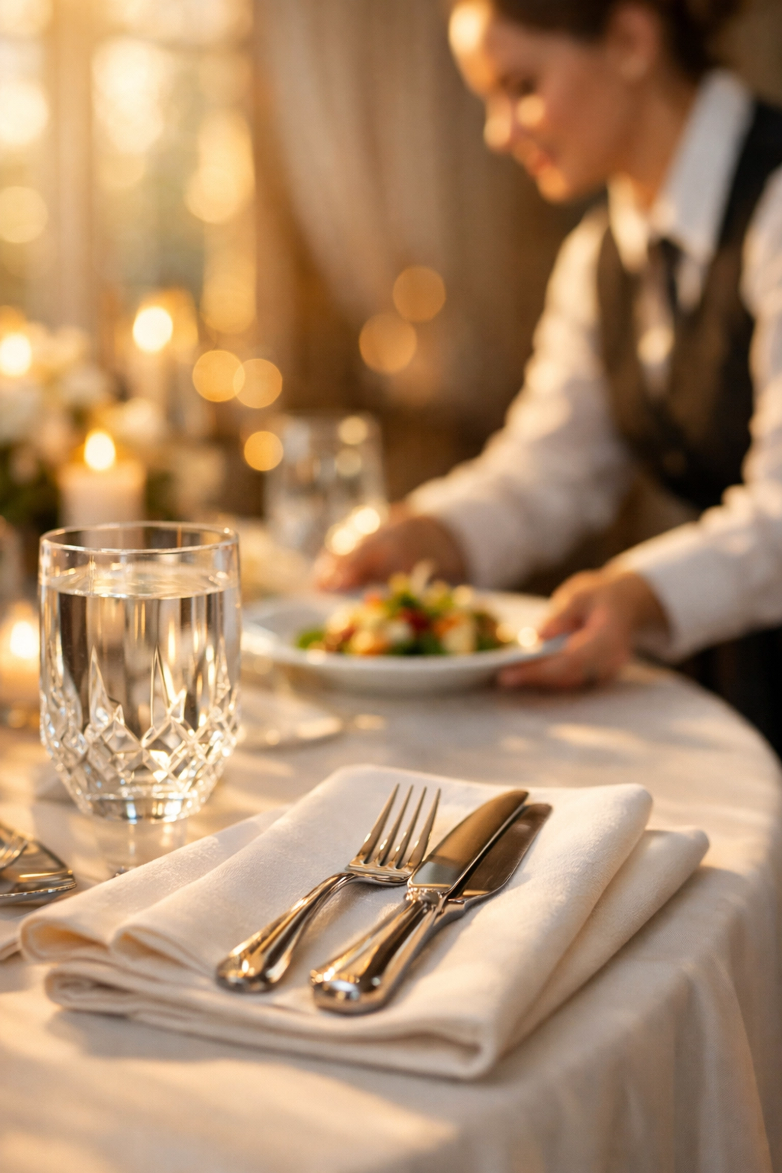 Elegant wedding table setting in South Jersey showing glassware and silverware from a full-service caterer.