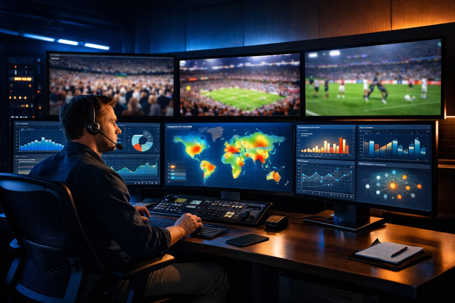 Media analyst reviewing performance data in a command center to optimize creative production strategies.