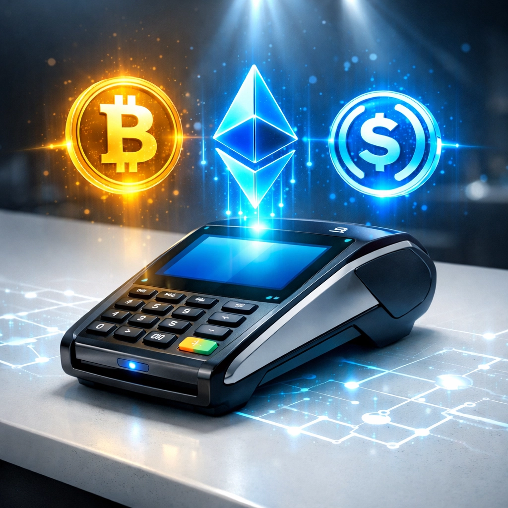 Modern crypto POS terminal processing cryptocurrency payments with lower interchange fees than traditional systems