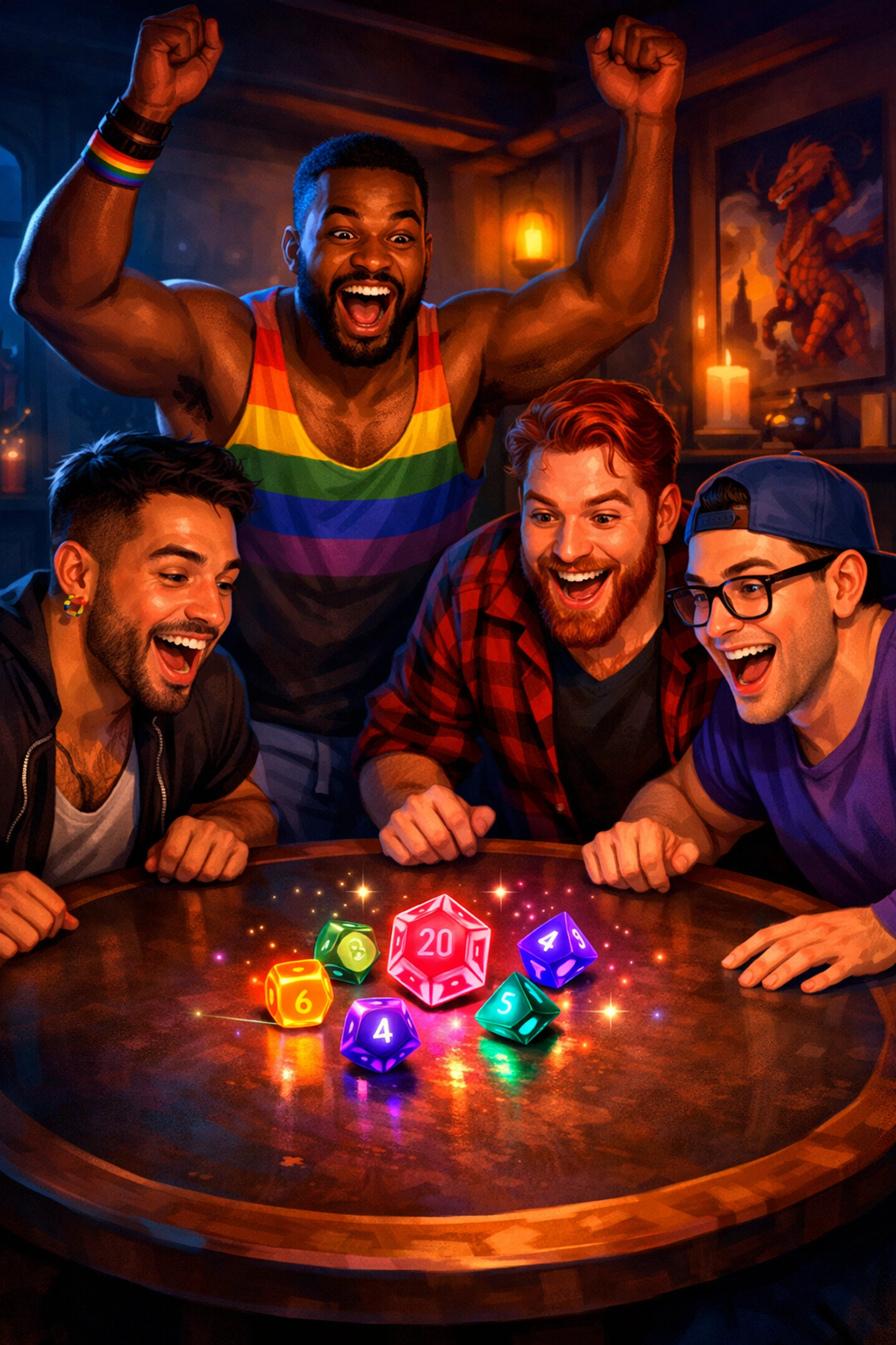 A group of gay men playing a tabletop game together, highlighting queer nerd hobbies and authentic connection.