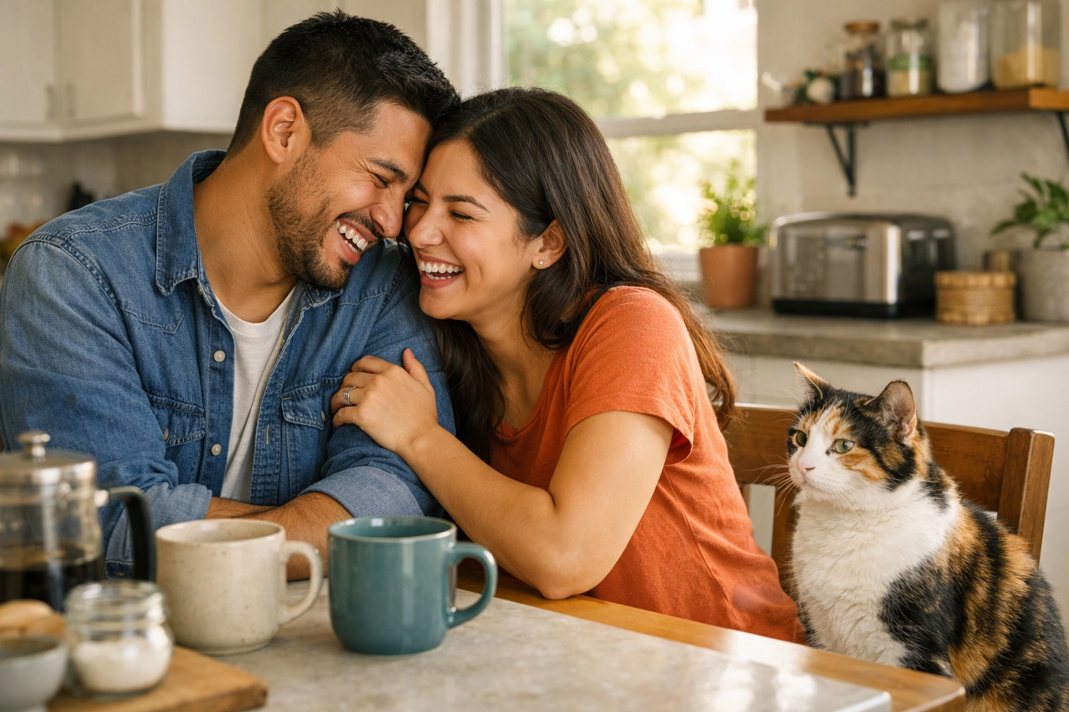 Happy owners with their calico cat, highlighting reliable cat sitting in Walnut Creek for peace of mind.