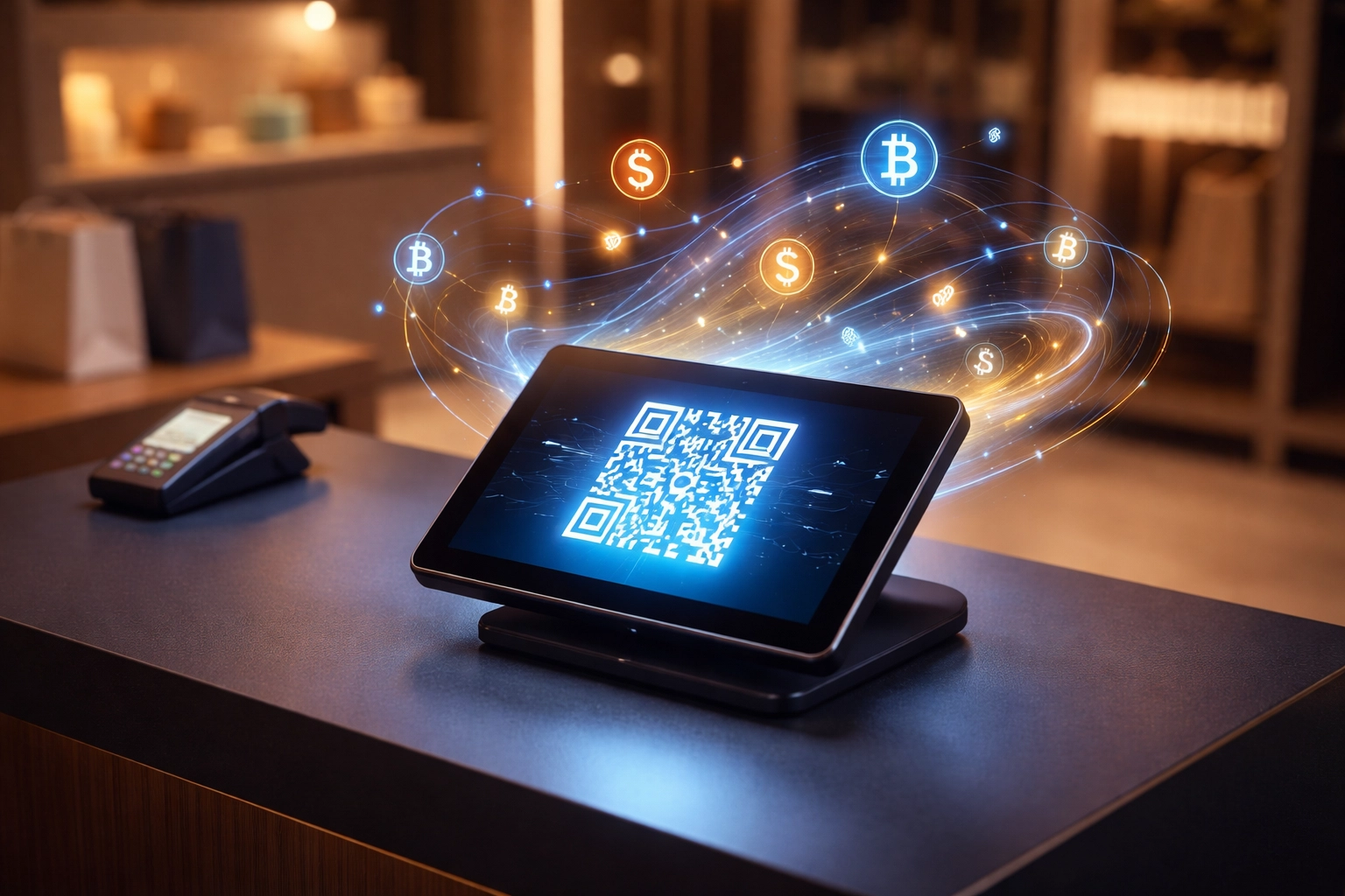 Modern retail counter with digital crypto POS and QR code, illustrating seamless Web3 payment integration for merchants