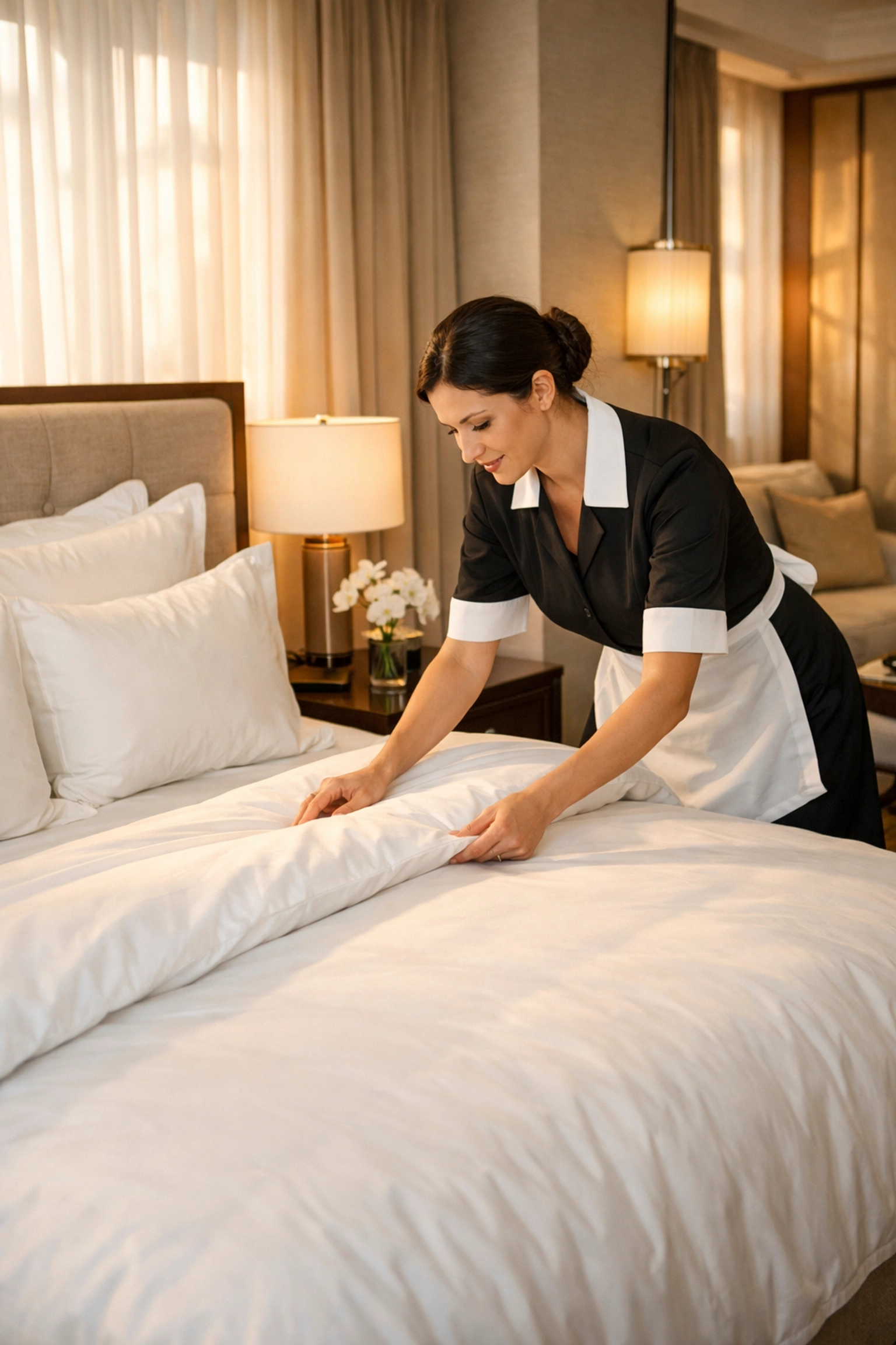Professional housekeeper arranging fresh linens in luxury hotel room demonstrating hospitality standards