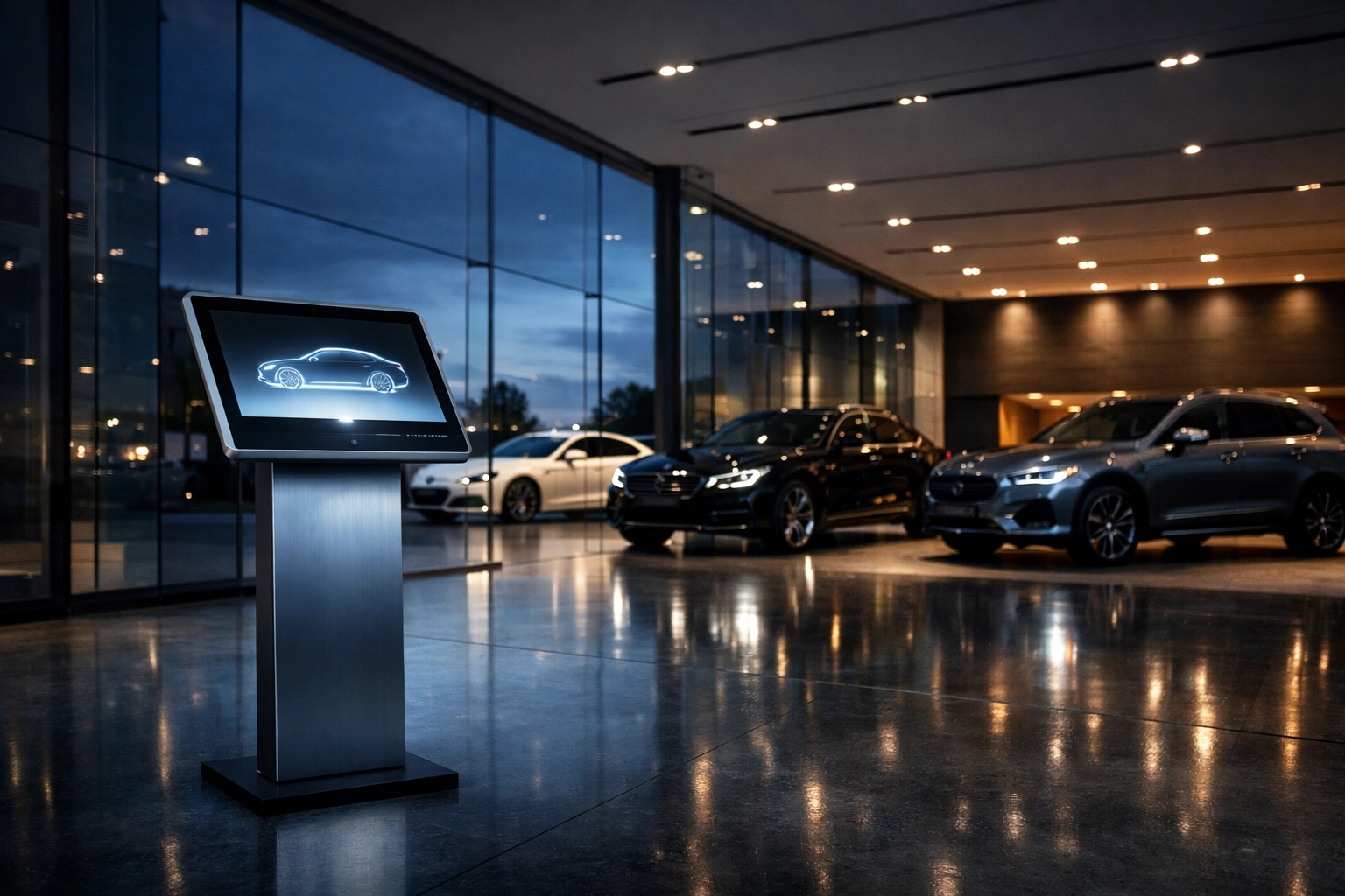 Modern automotive showroom with a digital kiosk demonstrating AI-driven dealer marketing and automation systems.