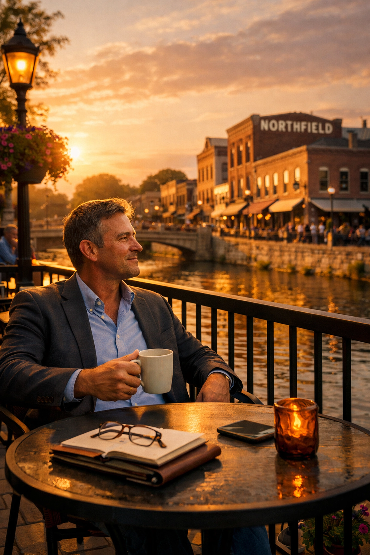 Relaxed Northfield business owner enjoying a break in downtown Northfield near Cannon River.