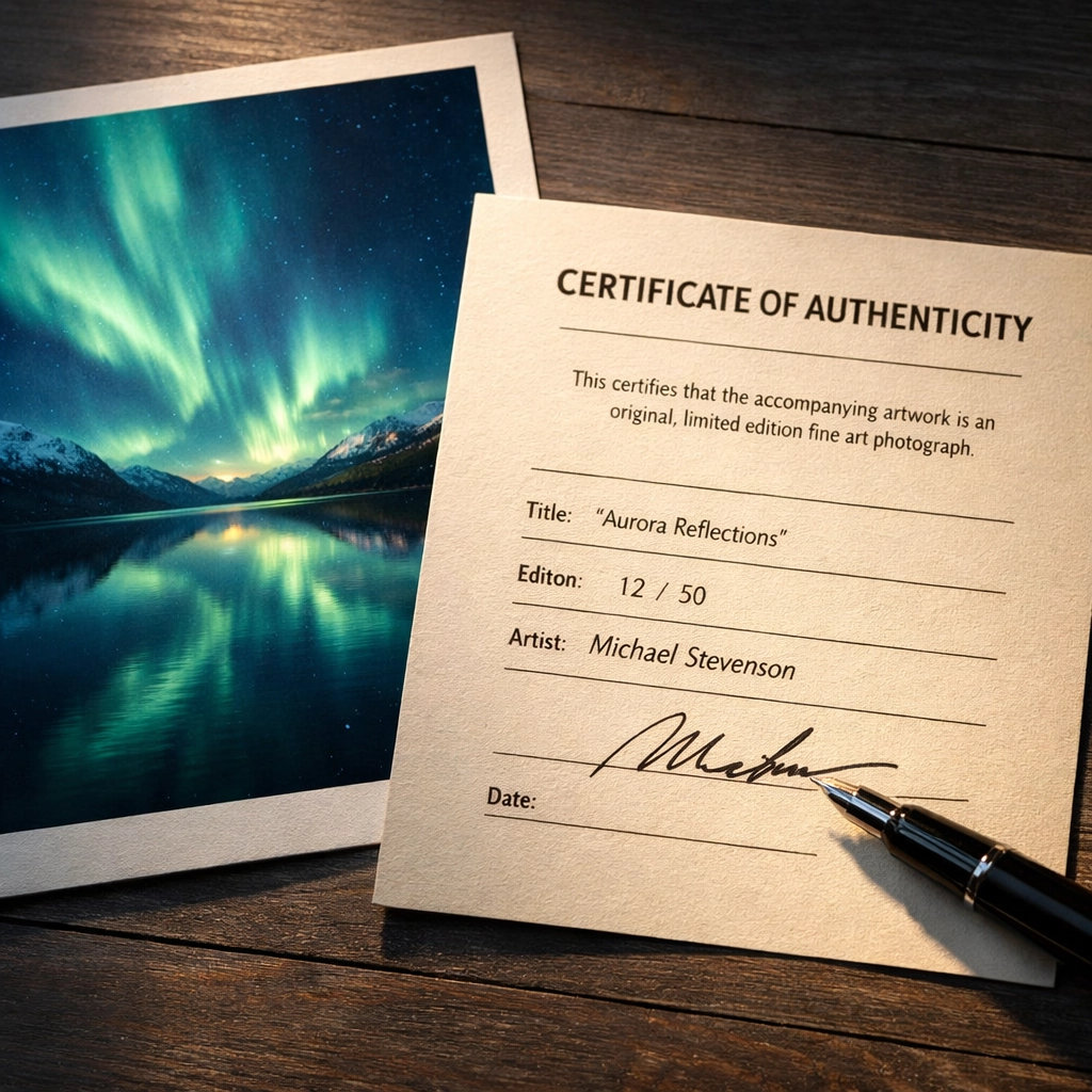 Transparency Shift Provenance Asset Close-up of a fine art archival print and certificate of authenticity, representing provenance and trust.