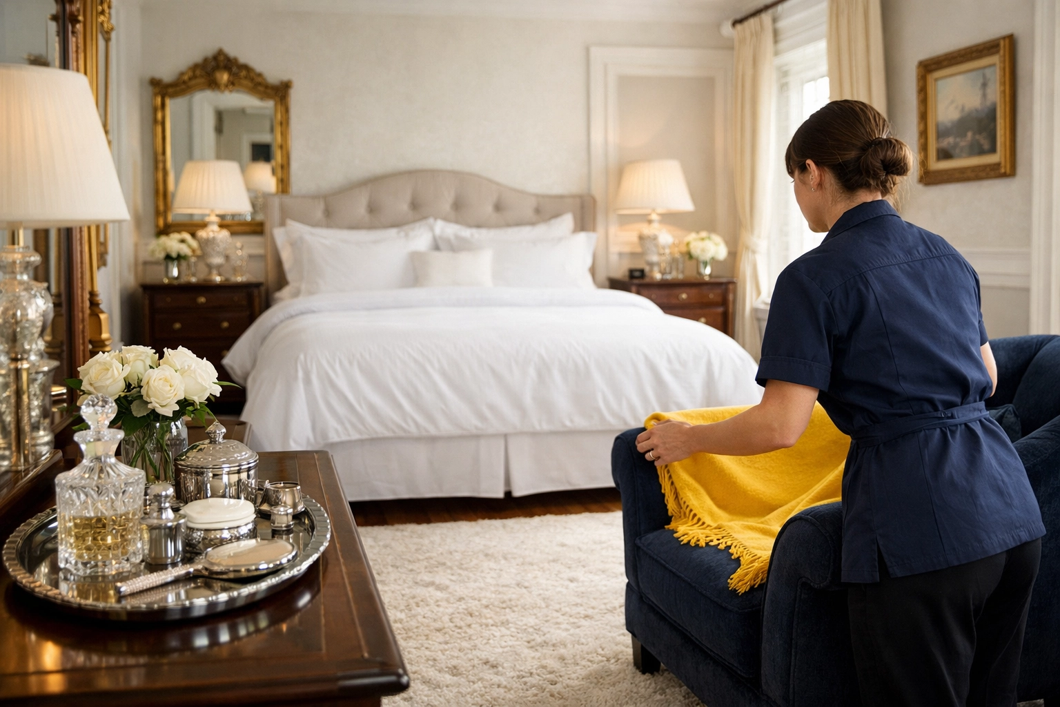 Professional Marblehead luxury residential cleaning in a historic mansion bedroom with elite attention to detail.