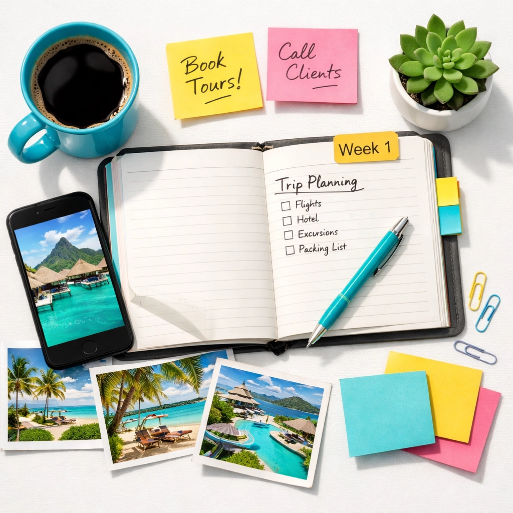Travel agent workspace with planner, destination photos, and client planning materials