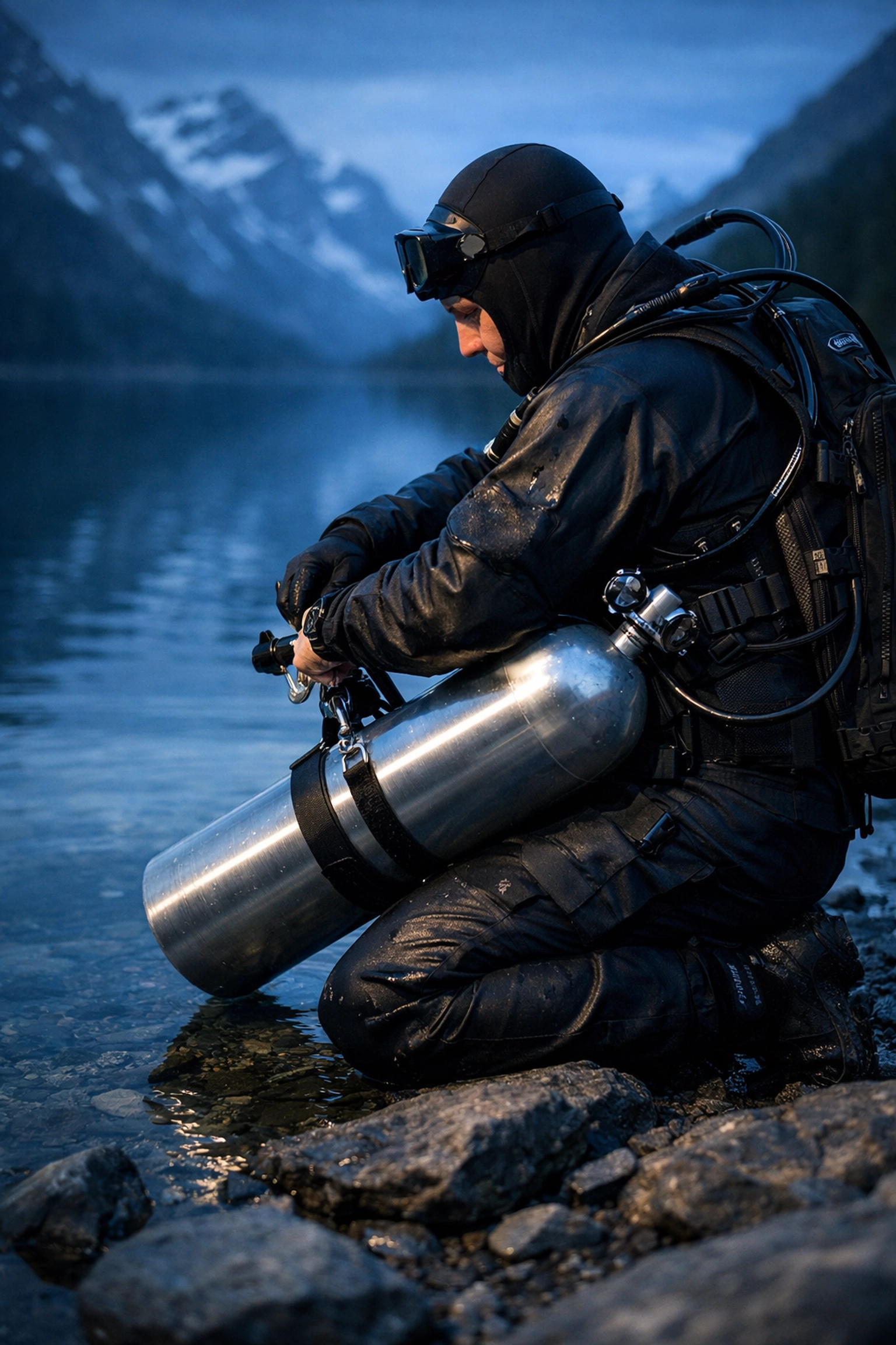 Taucher beim komfortablen Anlegen einer Sidemount-Flasche am Ufer eines klaren Sees.